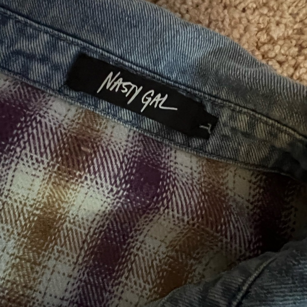 Nasty Gal Blue Jean Button Up w/purple & yellow checkered detail - Picture 2 of 3